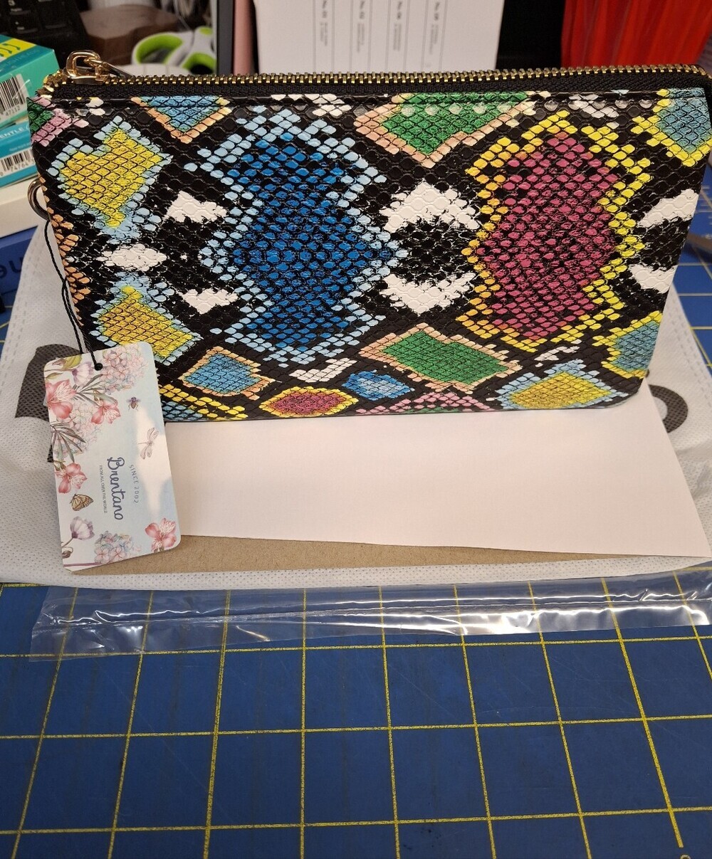 Brentano Bright Multi-Color Snake-Print Zip Pouch 9x6 NWT